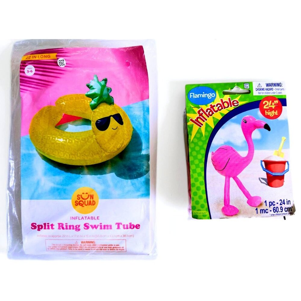 SUN SQUAD Inflatable Swim Tube Split Ring Pineapple AND Pink Flamingo Bundle NEW